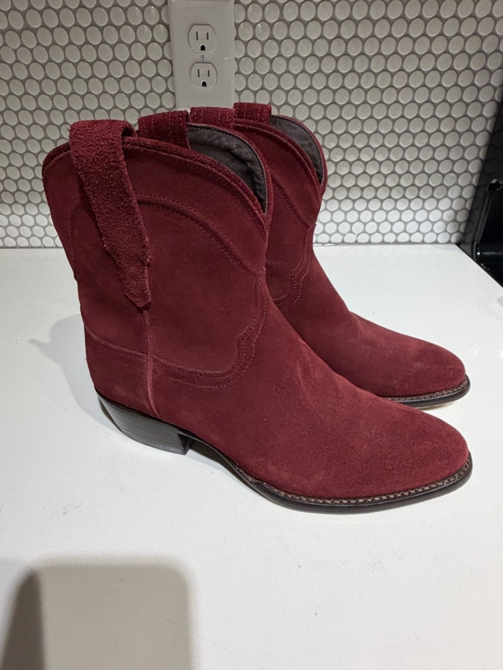 Suede Western Ankle Boots in Burgundy
